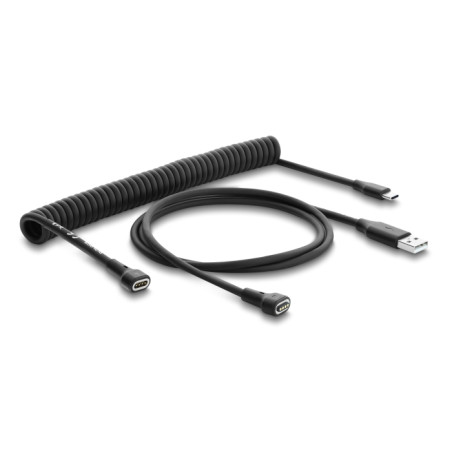Delock Magnetisches Spiralkabel USB 2.0 Typ-A Stecker zu Pogo 4 Pin Stecker + USB Type-C™ Stecker zu Pogo 4 Pin Buchse Set schwa