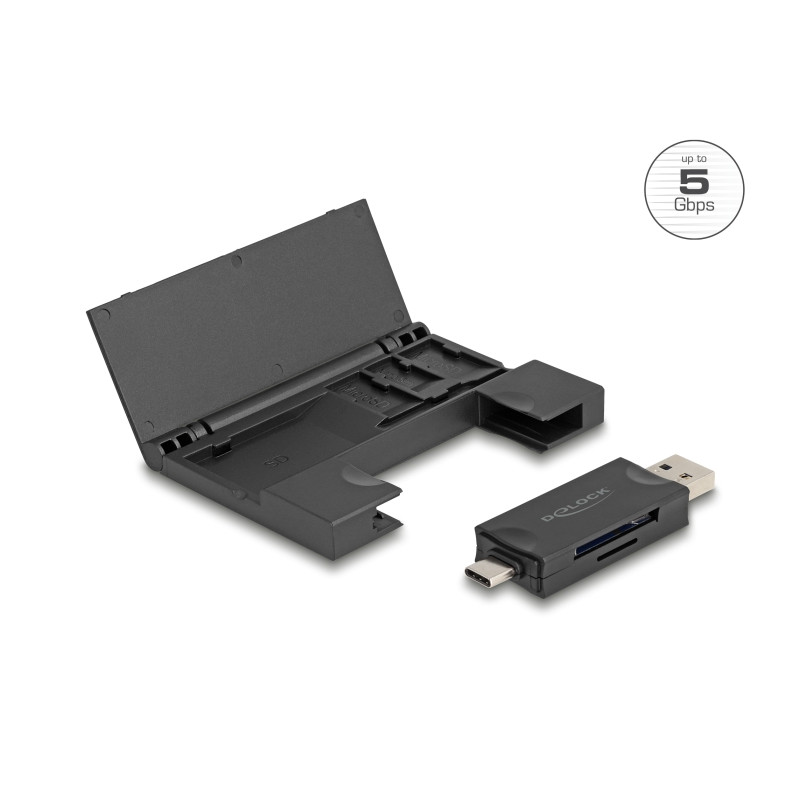 Delock Card Reader USB 5 Gbps USB Type-C™ / Typ-A für SD und Micro SD Speicherkarten mit praktischem Speicherkarten Etui - schwa