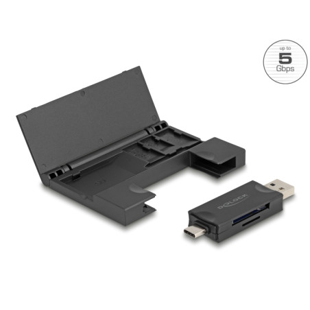 Delock Card Reader USB 5 Gbps USB Type-C™ / Typ-A für SD und Micro SD Speicherkarten mit praktischem Speicherkarten Etui - schwa