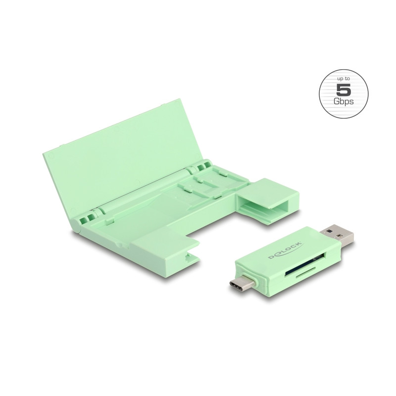 Delock Card Reader USB 5 Gbps USB Type-C™ / Typ-A für SD und Micro SD Speicherkarten mit praktischem Speicherkarten Etui - mint