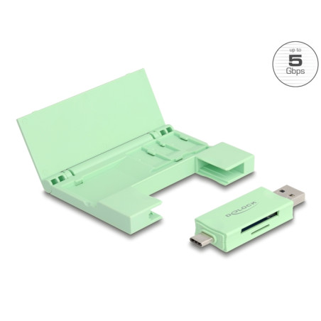 Delock Card Reader USB 5 Gbps USB Type-C™ / Typ-A für SD und Micro SD Speicherkarten mit praktischem Speicherkarten Etui - mint