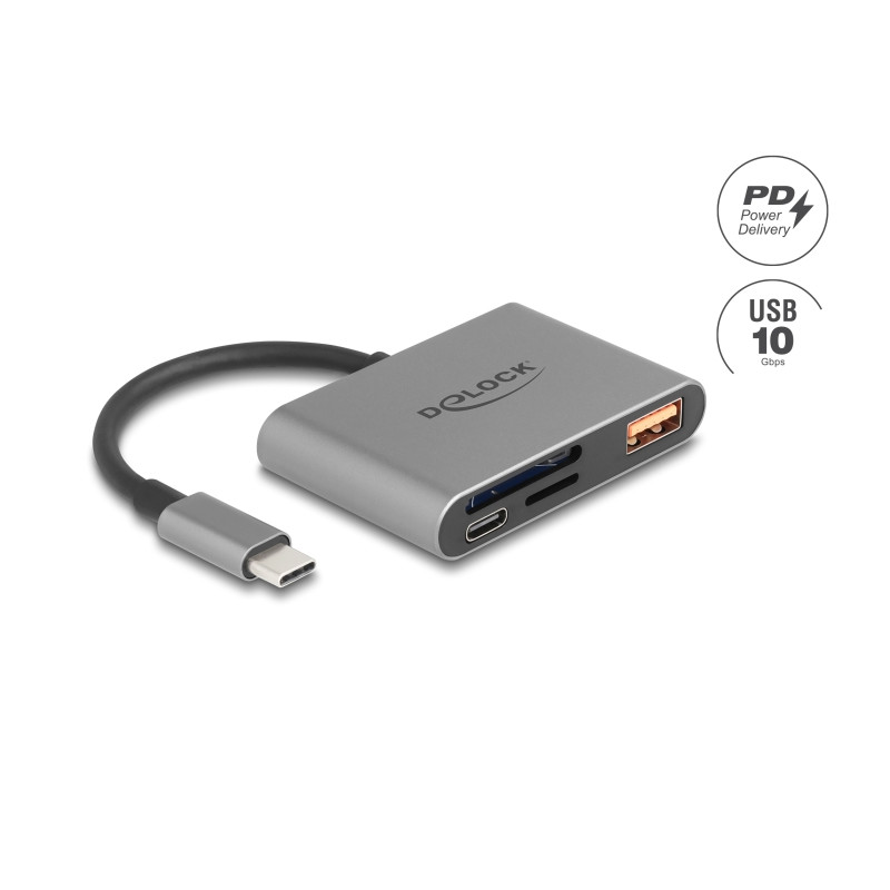 Delock USB-C™ Card Reader für SD und Micro SD Speicherkarten + USB 10 Gbps Typ-A Port und USB Type-C™ PD 2.0 85 W