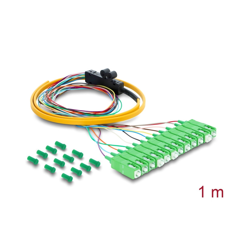 Delock LWL Pigtail Fanout Kabel 12 x SC-APC Simplex Stecker zu 12 x offenes Kabelende 1 m
