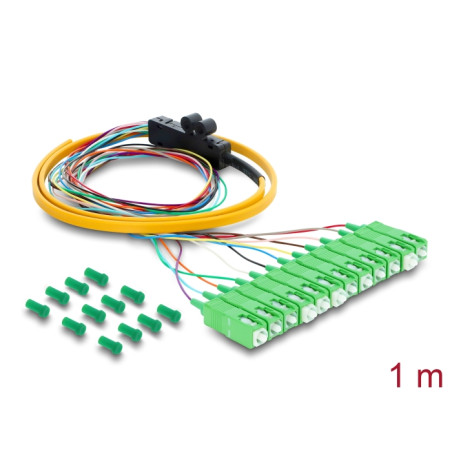 Delock LWL Pigtail Fanout Kabel 12 x SC-APC Simplex Stecker zu 12 x offenes Kabelende 1 m