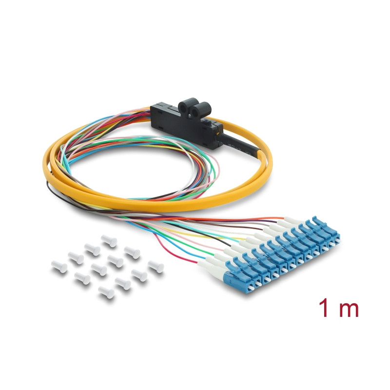 Delock LWL Pigtail Fanout Kabel 12 x LC-UPC Simplex Stecker zu 12 x offenes Kabelende 1 m