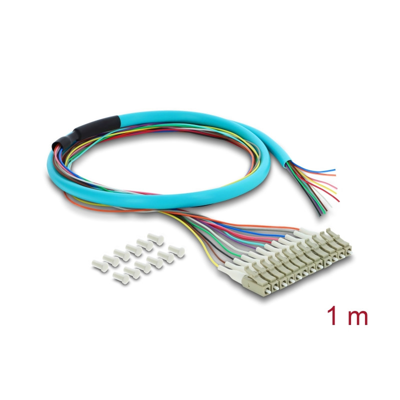 Delock LWL Pigtail Fanout Kabel 12 x LC-UPC Simplex Stecker zu 12 x offenes Kabelende 1 m