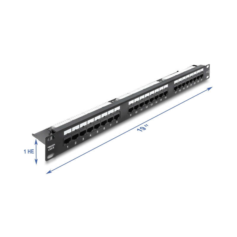 Delock 19″ 1 HE Patchpanel 24 Port Cat.6 mit LED und Entlastungsschiene ungeschirmt schwarz