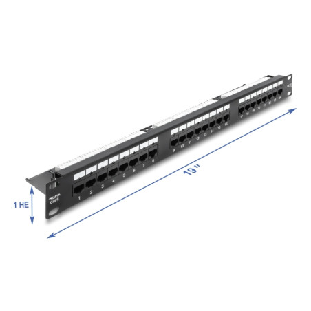 Delock 19″ 1 HE Patchpanel 24 Port Cat.6 mit LED und Entlastungsschiene ungeschirmt schwarz