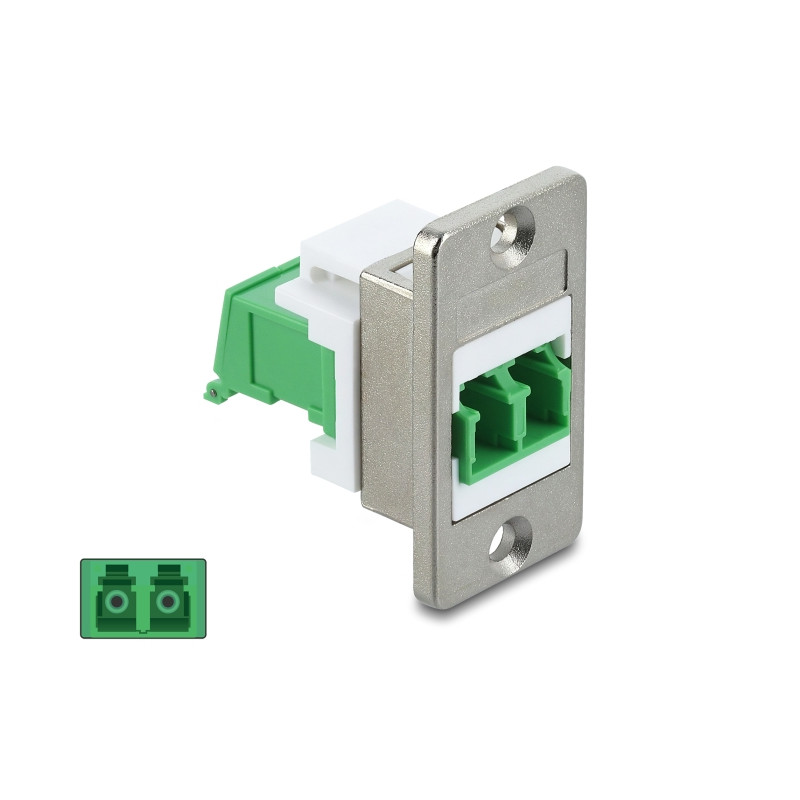Delock Panel Mount LC Duplex Buchse zu LC Duplex Buchse mit Laserschutzklappe innen silber / grün / weiß