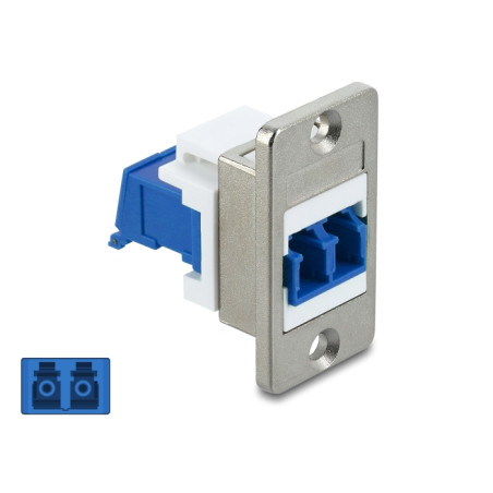 Delock Panel Mount LC Duplex Buchse zu LC Duplex Buchse mit Laserschutzklappe innen silber / blau / weiß