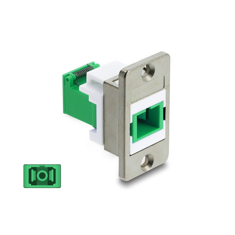 Delock Panel Mount SC Simplex Buchse zu SC Simplex Buchse mit Laserschutzklappe innen silber / grün / weiß