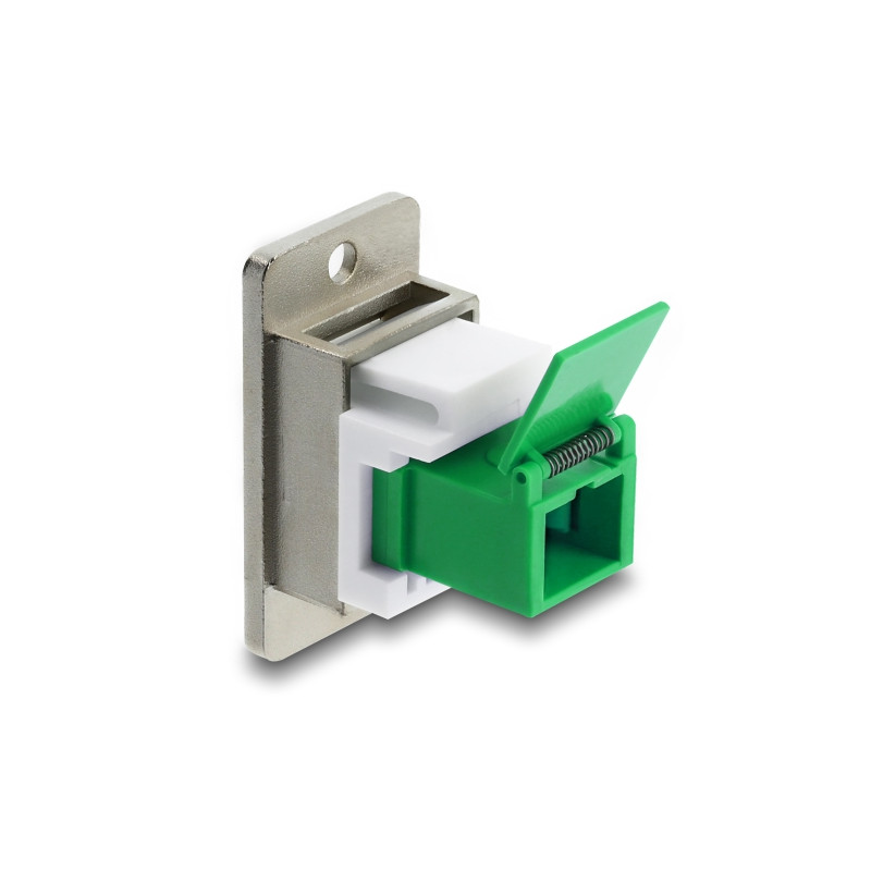 Delock Panel Mount SC Simplex Buchse zu SC Simplex Buchse mit Laserschutzklappe innen silber / grün / weiß
