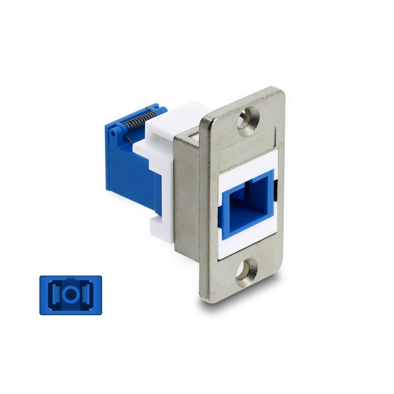 Delock Panel Mount SC Simplex Buchse zu SC Simplex Buchse mit Laserschutzklappe innen silber / blau / weiß