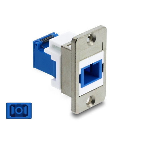 Delock Panel Mount SC Simplex Buchse zu SC Simplex Buchse mit Laserschutzklappe innen silber / blau / weiß