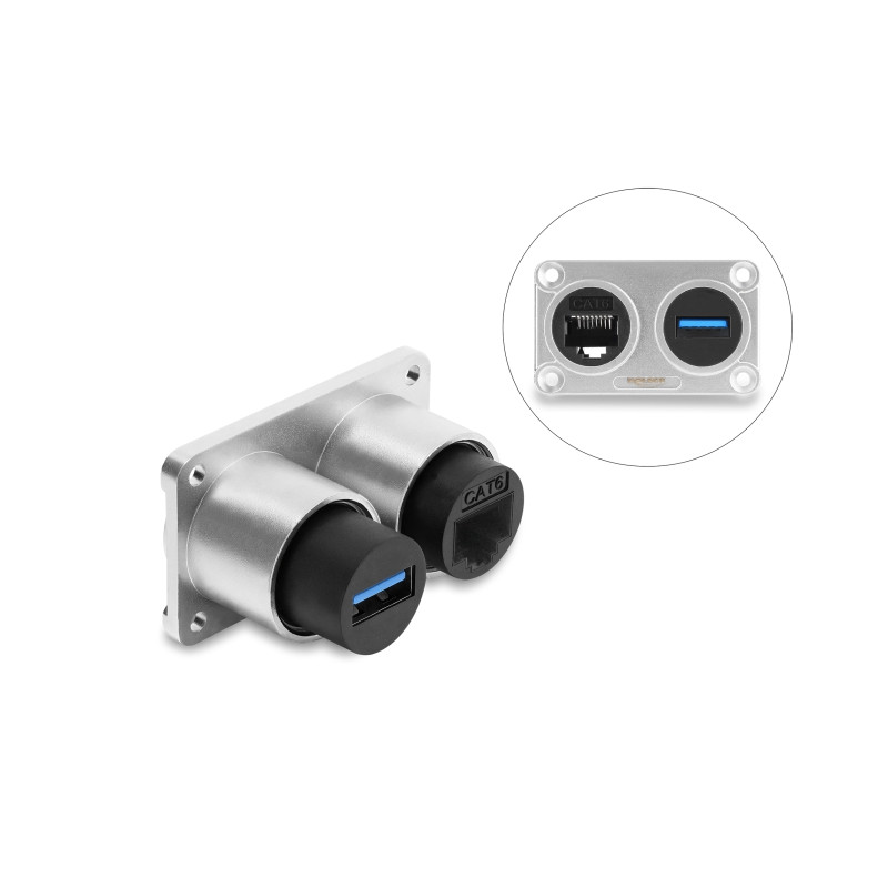 Delock Dual Einbaubuchse USB 5 Gbps Typ-A Buchse + RJ45 Buchse Cat.6 silber