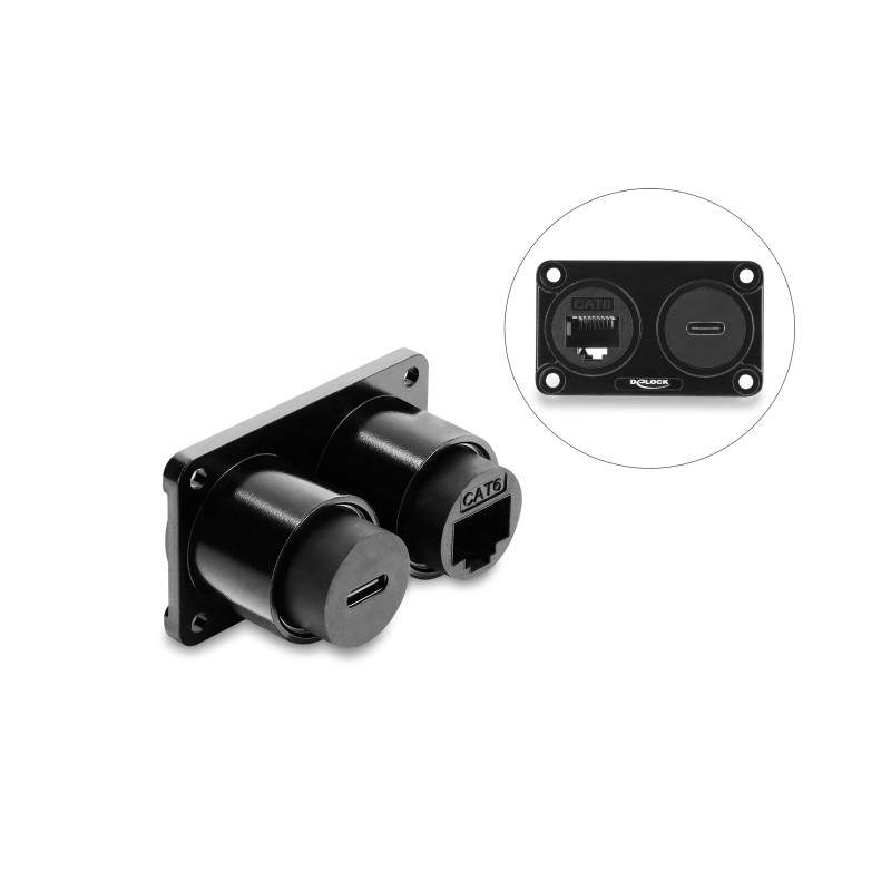 Delock Dual Einbaubuchse USB 10 Gbps USB Type-C™ Buchse PD 100 W + RJ45 Buchse Cat.6 schwarz