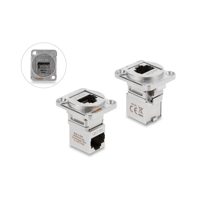 Delock D-Typ Modul RJ45 Buchse zu Buchse 90° gewinkelt Cat.6A silber
