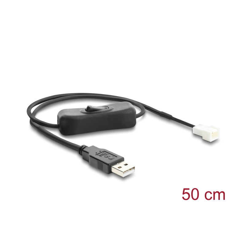 Delock Lüfterkabel USB 2.0 Typ-A Stecker zu 3 Pin (2 Pins belegt) Lüfteranschluss-Stecker mit Schalter 50 cm