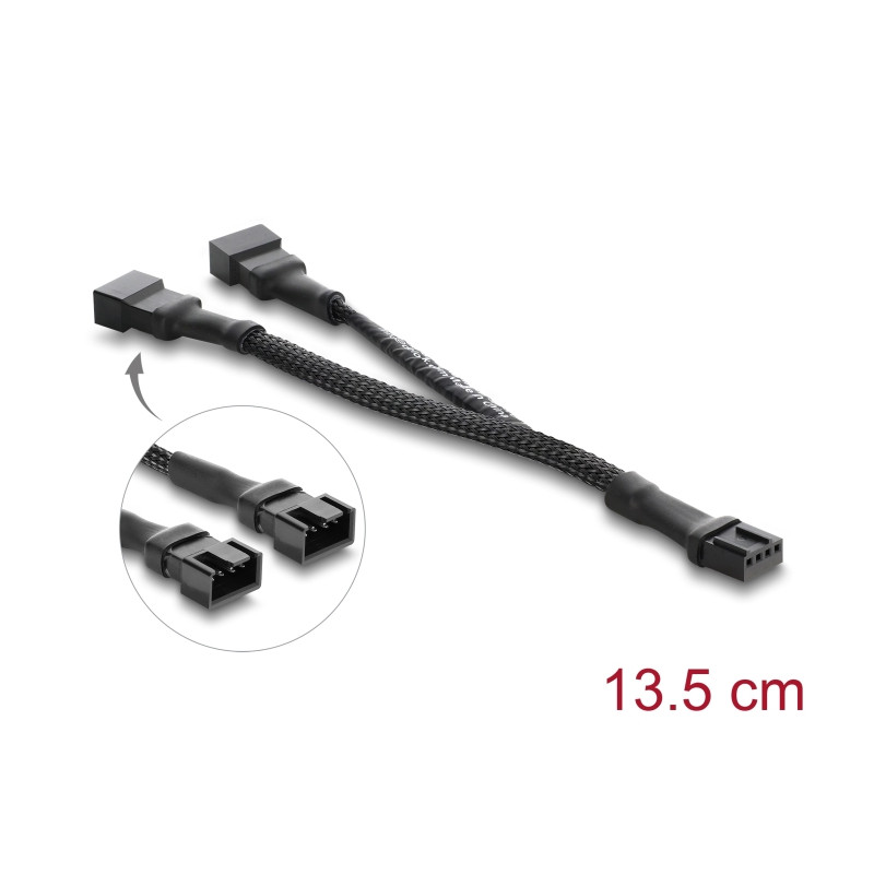 Delock Y-Lüfterkabel 1 x 4 Pin PWM Buchse zu 2 x 4 Pin PWM Stecker mit Geflechtummantelung 13,5 cm schwarz