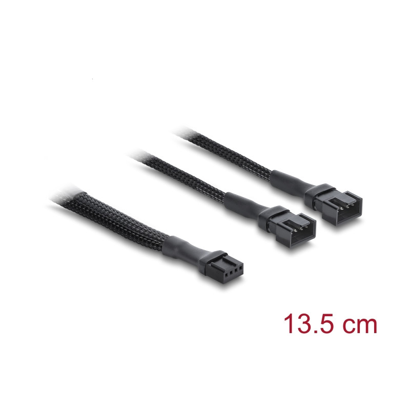 Delock Y-Lüfterkabel 1 x 4 Pin PWM Buchse zu 2 x 4 Pin PWM Stecker mit Geflechtummantelung 13,5 cm schwarz