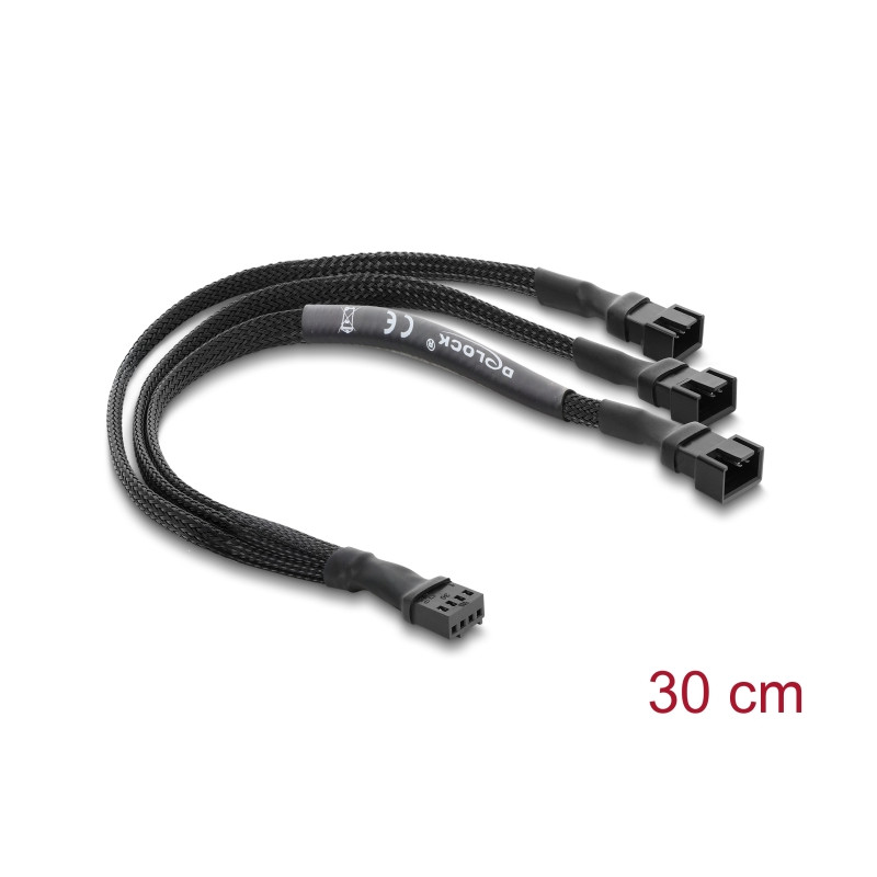 Delock Lüfterkabel Splitter 1 x 4 Pin PWM Buchse zu Stecker + 2 x 4 Pin Stecker (3 Pins belegt) mit Geflechtummantelung 30 cm sc