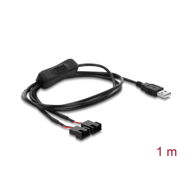 Delock Lüfterkabel USB Typ-A Stecker zu 2 x 4 Pin Lüfteranschluss-Stecker (2 Pins belegt) mit Schalter 1 m