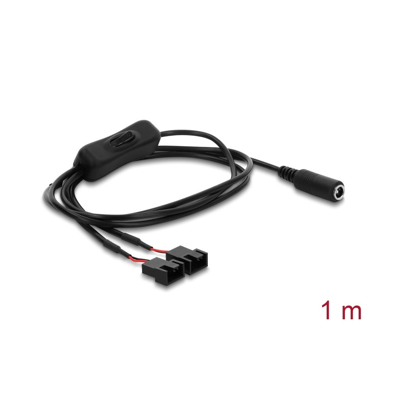 Delock Lüfterkabel DC Buchse 5,5 x 2,1 mm zu 2 x 4 Pin Lüfteranschluss Stecker (2 Pins belegt) mit Schalter 1 m