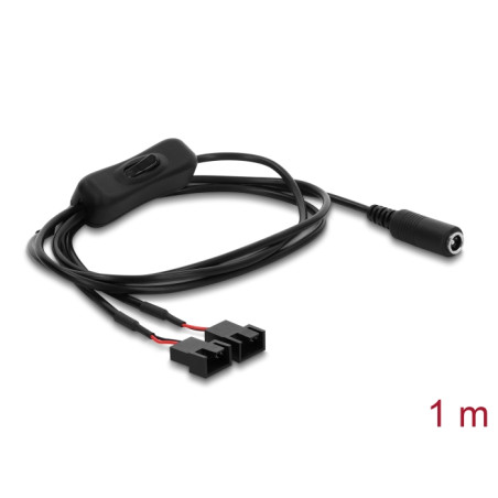 Delock Lüfterkabel DC Buchse 5,5 x 2,1 mm zu 2 x 4 Pin Lüfteranschluss Stecker (2 Pins belegt) mit Schalter 1 m