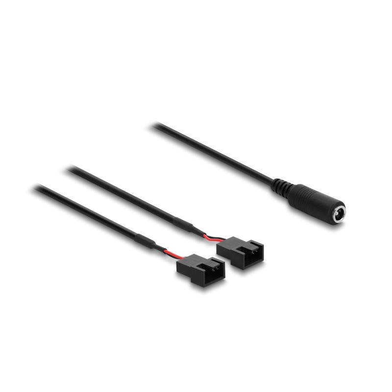 Delock Lüfterkabel DC Buchse 5,5 x 2,1 mm zu 2 x 4 Pin Lüfteranschluss Stecker (2 Pins belegt) mit Schalter 1 m