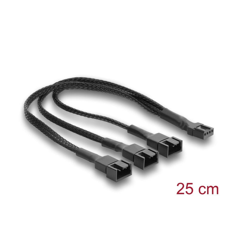 Delock Lüfterkabel Splitter 1 x 4 Pin PWM Buchse zu Stecker + 2 x 4 Pin (3 Pins belegt) Stecker mit Geflechtummantelung 25 cm sc