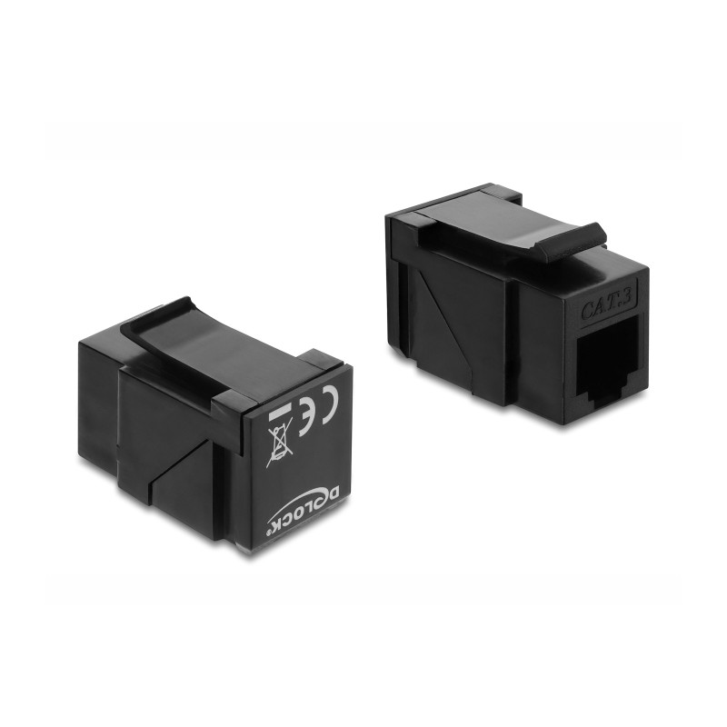 Delock Keystone Modul Kupplung RJ14 Buchse zu RJ14 Buchse 90° gewinkelt Cat.3 Kunststoff schwarz
