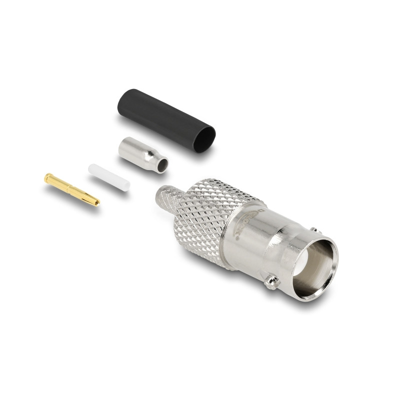 Delock BNC Buchse 50 Ohm zum Crimpen RG-174 / RG-316 mit passendem Schrumpfschlauch