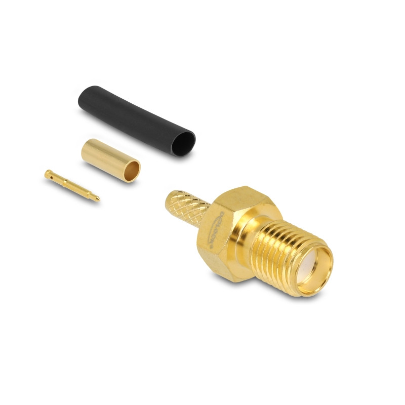 Delock RP-SMA Buchse zum Crimpen RG-174 / RG-316 mit passendem Schrumpfschlauch