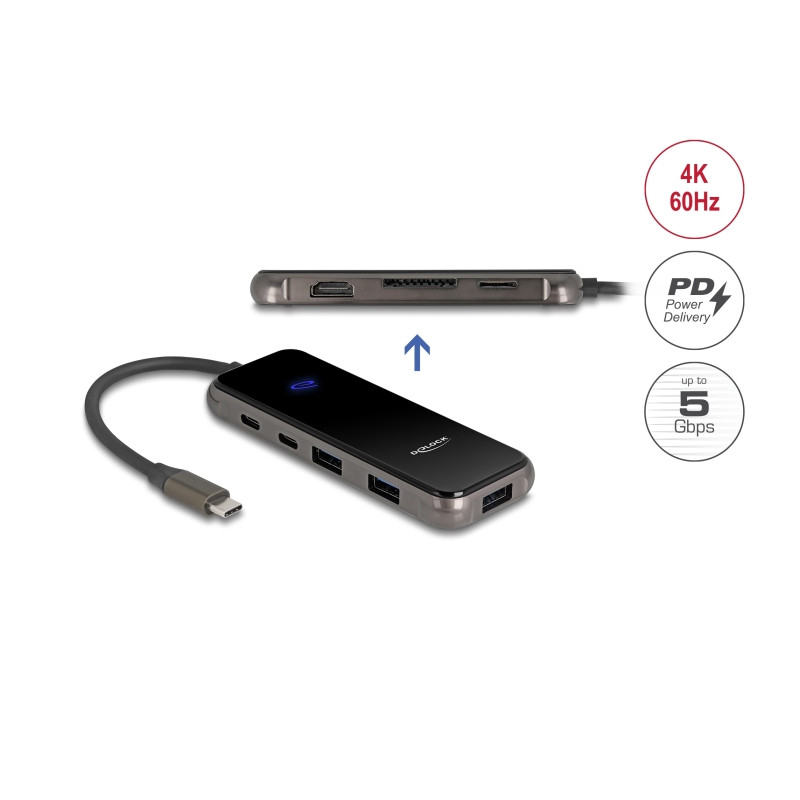 Delock USB Type-C™ Dockingstation 4K - HDMI / USB Hub / SD - Micro SD Slot / PD 3.0 85 W Oberfläche aus gehärtetem Glas