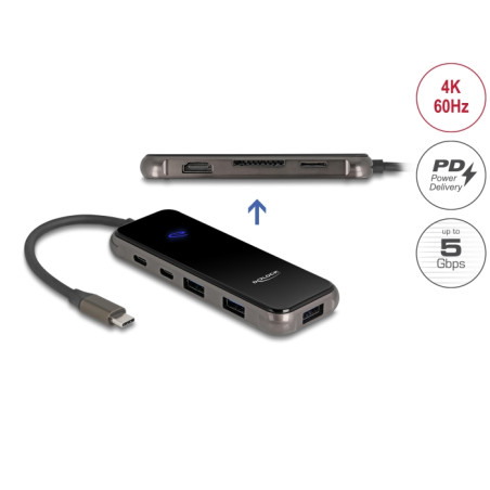 Delock USB Type-C™ Dockingstation 4K - HDMI / USB Hub / SD - Micro SD Slot / PD 3.0 85 W Oberfläche aus gehärtetem Glas