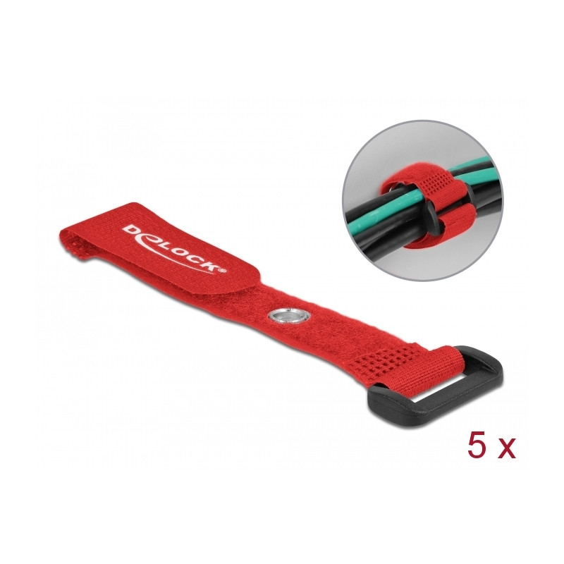 Delock Klett-Kabelbinder mit Schlaufe und Befestigungsöse L 150 x B 20 mm rot 5 Stück