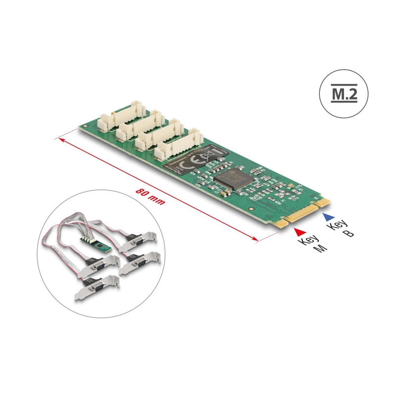 Delock M.2 Karte zu 4 x Seriell RS-232 DB9 mit Standard und Low Profile Slotblenden