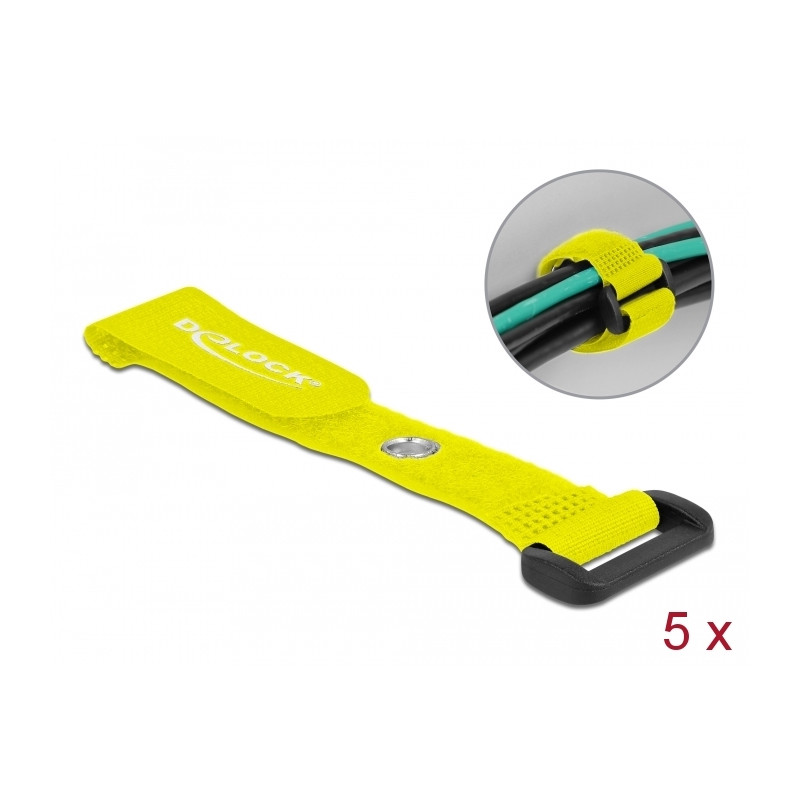 Delock Klett-Kabelbinder mit Schlaufe und Befestigungsöse L 150 x B 20 mm gelb 5 Stück