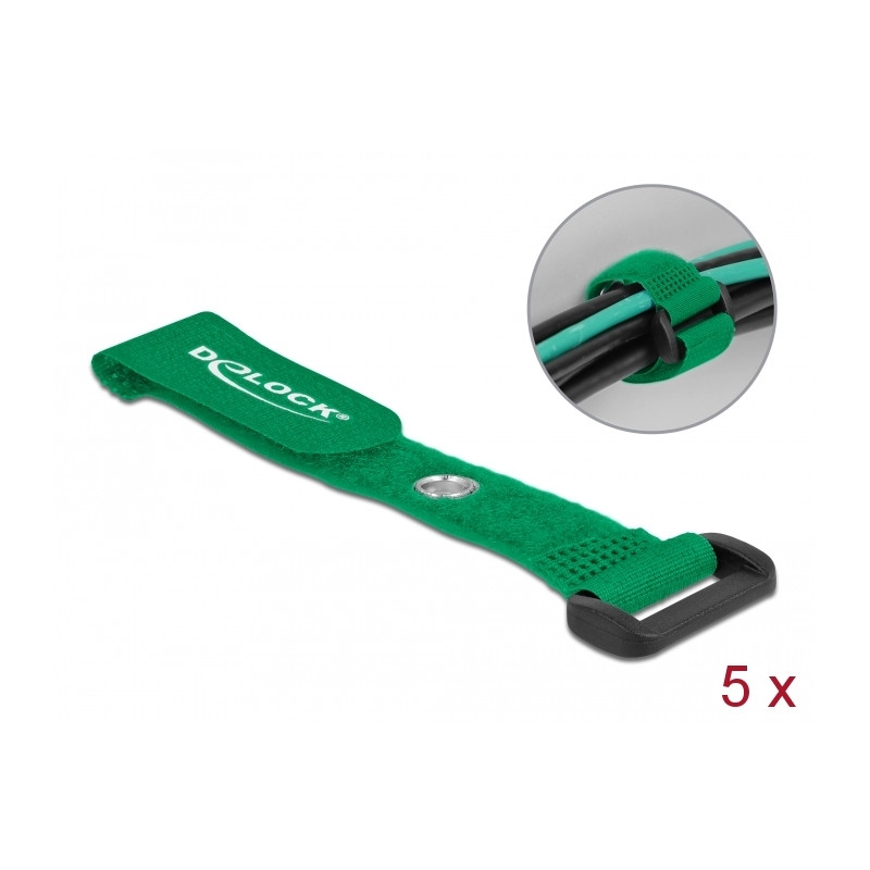 Delock Klett-Kabelbinder mit Schlaufe und Befestigungsöse L 150 x B 20 mm grün 5 Stück