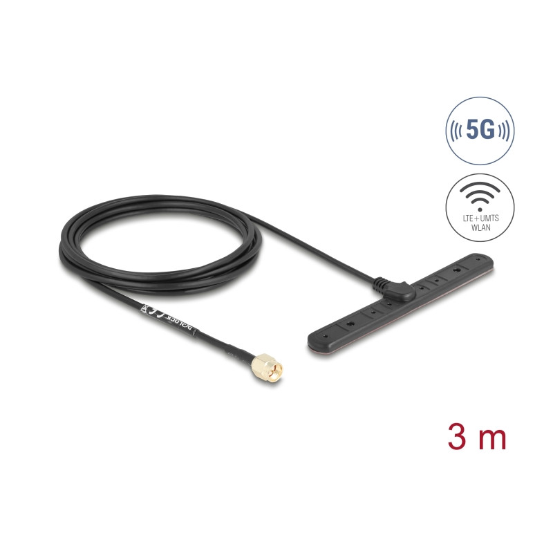 Delock 5G LTE Antenne SMA Stecker 3 dBi omnidirektional starr mit Anschlusskabel RG-174 3 m Klebemontage outdoor schwarz
