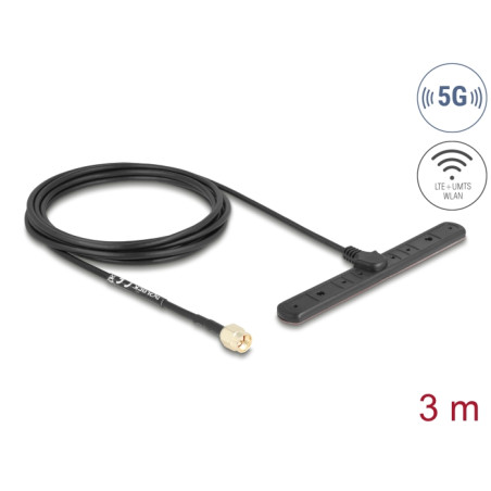 Delock 5G LTE Antenne SMA Stecker 3 dBi omnidirektional starr mit Anschlusskabel RG-174 3 m Klebemontage outdoor schwarz