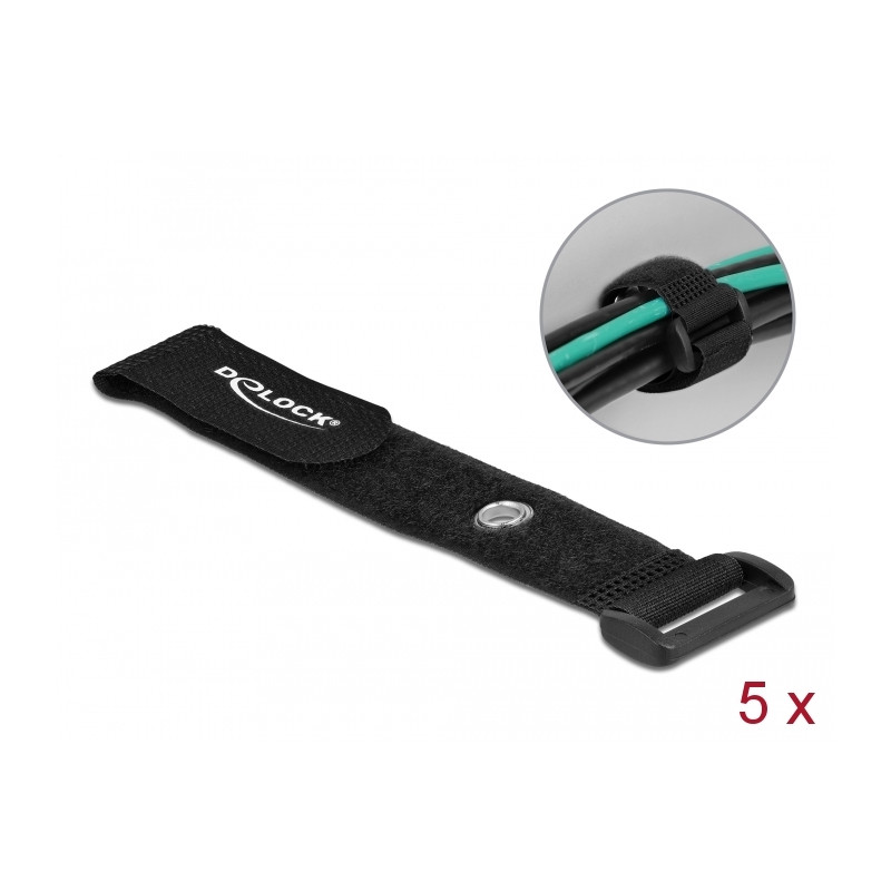Delock Klett-Kabelbinder mit Schlaufe und Befestigungsöse L 190 x B 25 mm schwarz 5 Stück