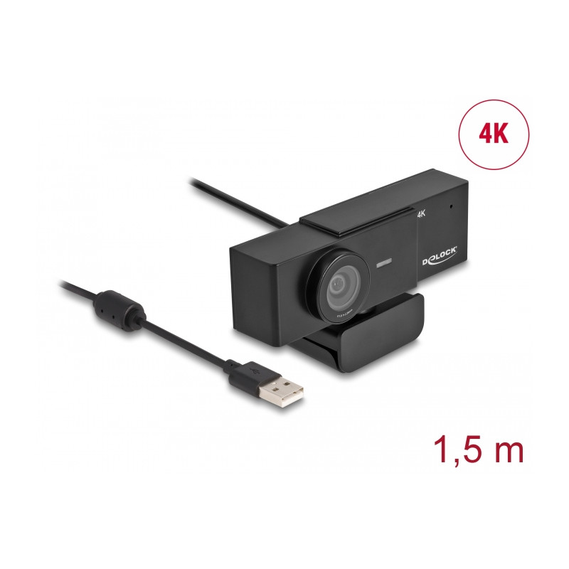 Delock USB UHD Webcam mit Mikrofon 4K 30 Hz 110° Blickwinkel und Stativ