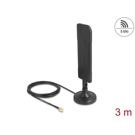 Delock WiFi 5,8 GHz Antenne RP-SMA Stecker 3 dBi omnidirektional mit Anschlusskabel RG-174 3 m mit Kippgelenk mit magnetischem S