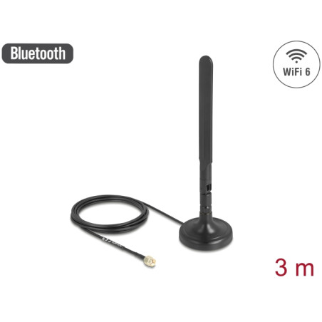 Delock WiFi 6 Antenne RP-SMA Stecker 3 dBi omnidirektional mit Anschlusskabel RG-174 3 m mit Kippgelenk mit magnetischem Standfu