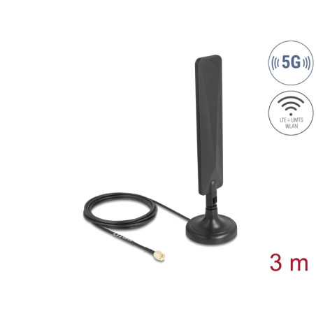 Delock 5G LTE Antenne SMA Stecker 3 dBi omnidirektional mit Anschlusskabel RG-174 3 m mit Kippgelenk mit magnetischem Standfuß s