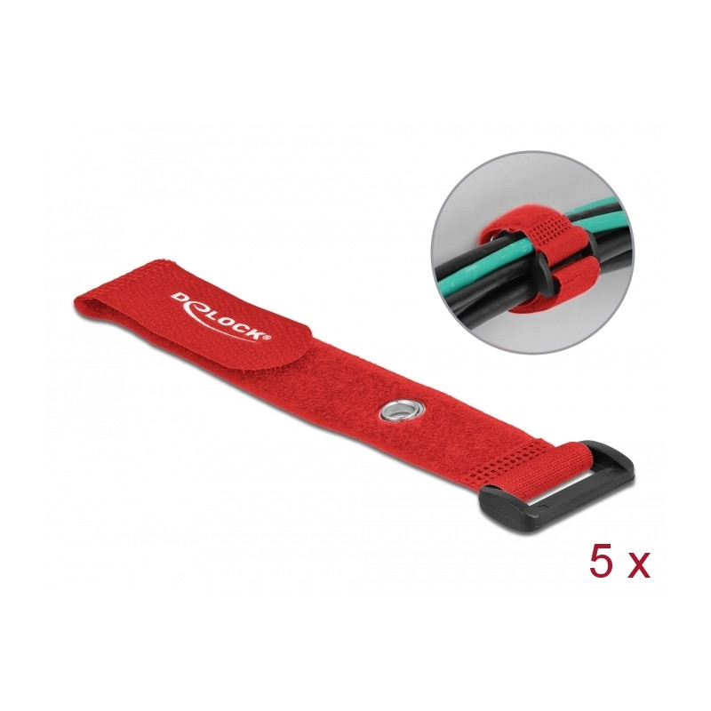 Delock Klett-Kabelbinder mit Schlaufe und Befestigungsöse L 190 x B 25 mm rot 5 Stück