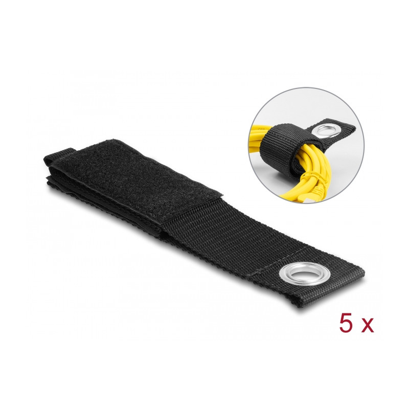 Delock Strapazierfähiger Klettgurt mit Befestigungsöse L 435 x B 50 mm schwarz 5 Stück