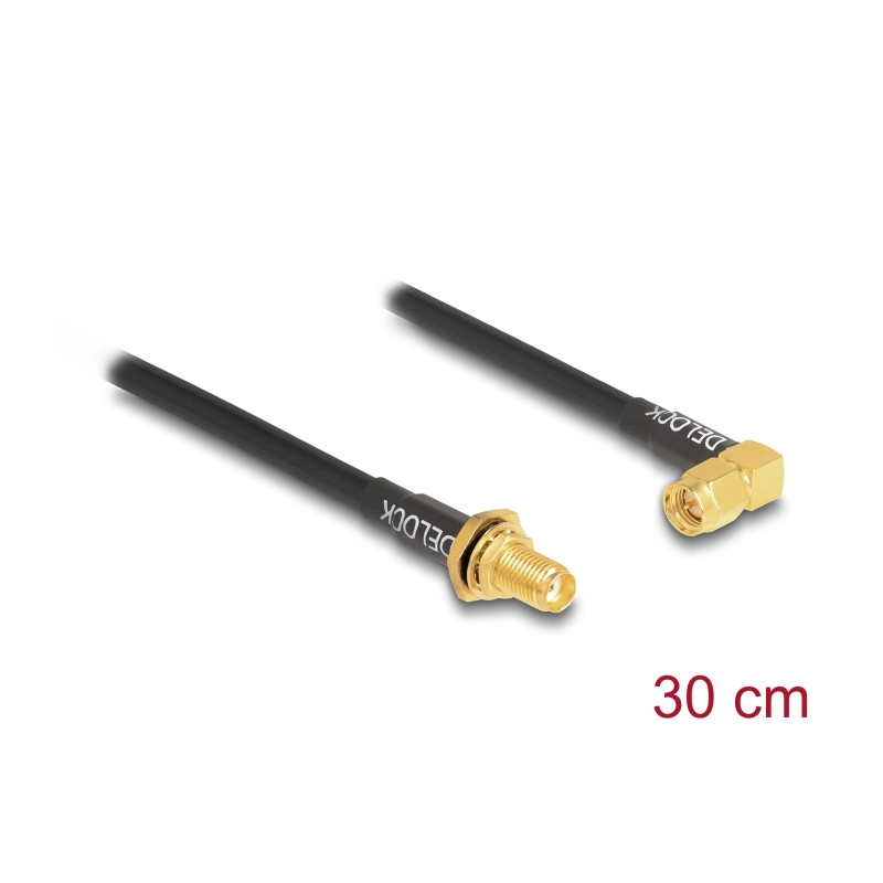 Delock Antennenkabel SMA Buchse zum Einbau spritzwassergeschützt zu SMA Stecker 90° RG-58 30 cm