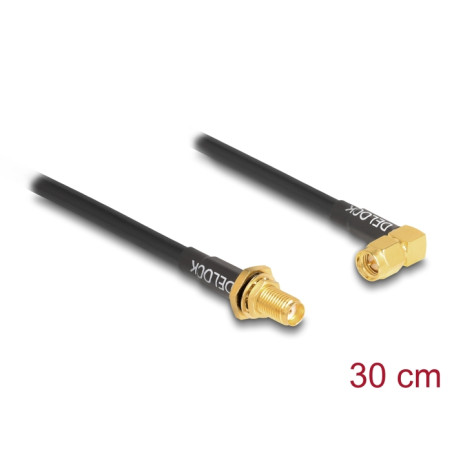 Delock Antennenkabel SMA Buchse zum Einbau spritzwassergeschützt zu SMA Stecker 90° RG-58 30 cm